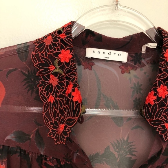 Sandro Blouse Red Sheer Floral Embroidered Collar 1 Small - Picture 7 of 7